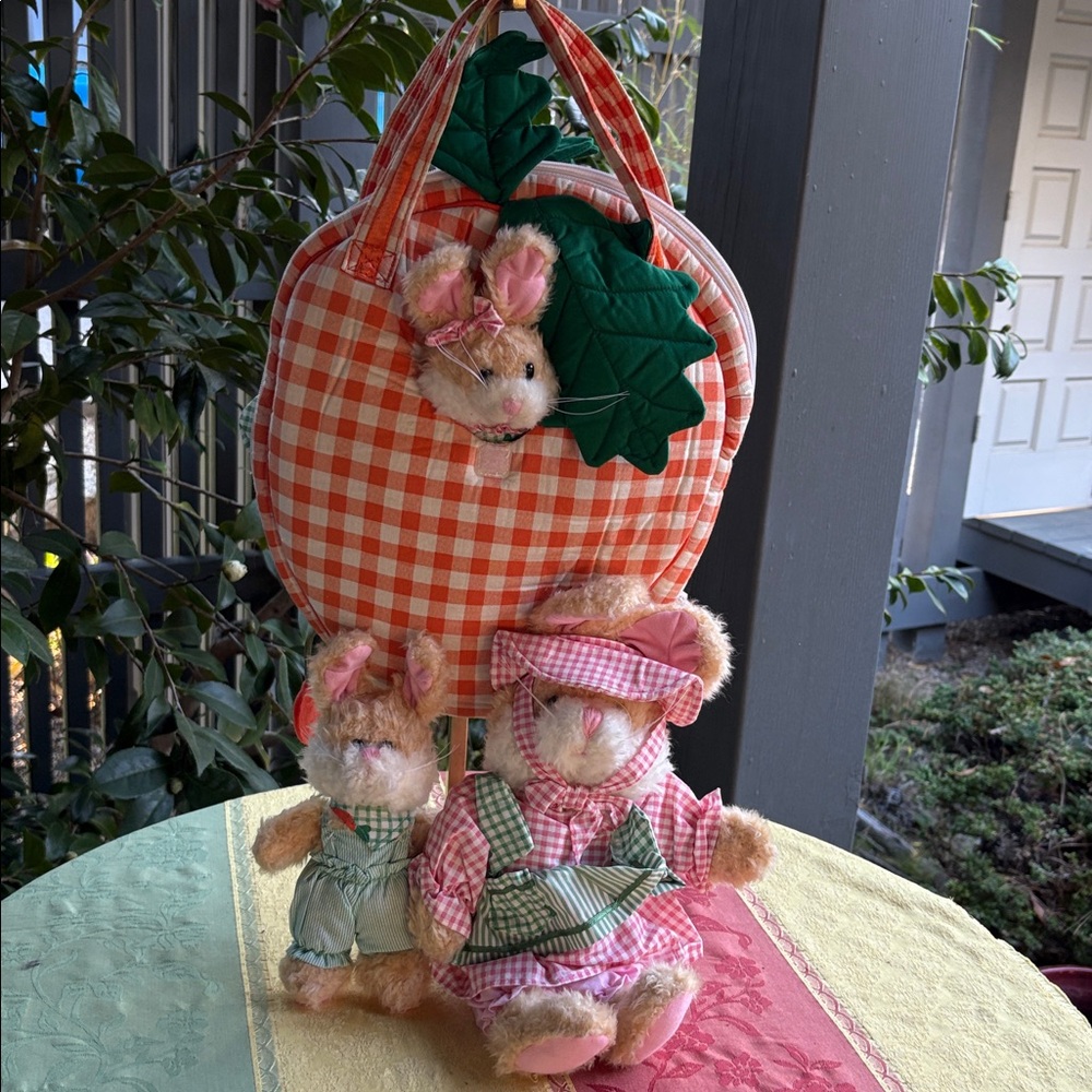 Plush Easter Bunny Trio with Gingham Dresses - Pink, Green in a Carrot 🥕 Bag